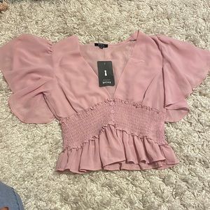privy Dusty Pink Flutter Sleeve Smocked Waist Blouse